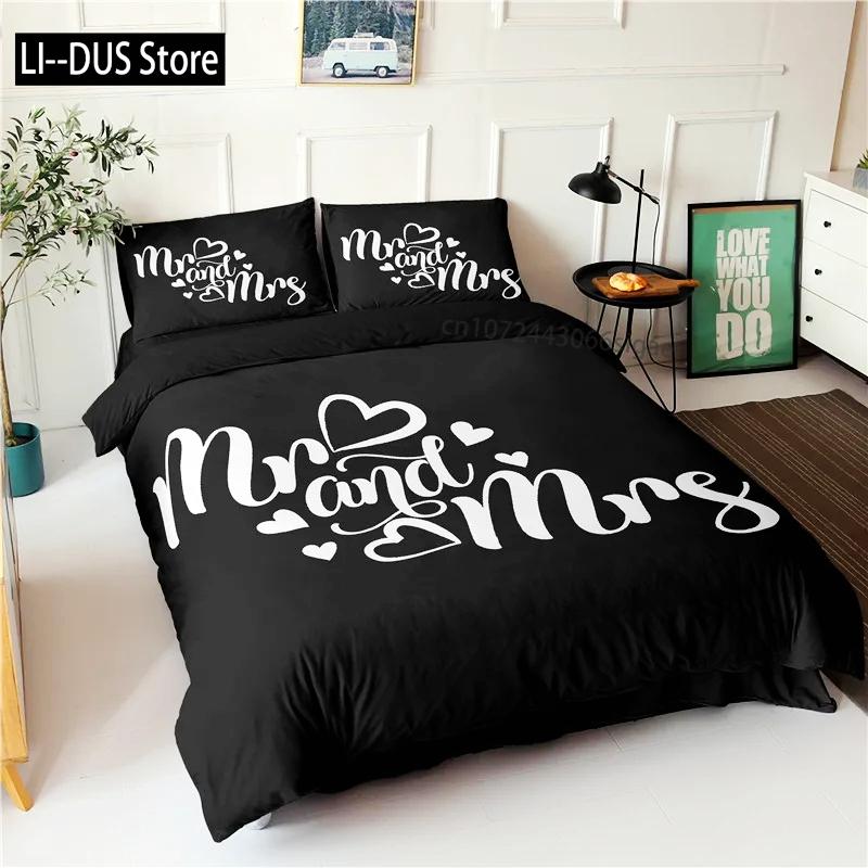 Black and White Duvet Cover Queen/King/Full Size Mr and Mrs Bedding Set 3Pieces Soft Microfiber Couple Romantic Comforter Cover