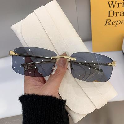 New Women Vintage Leopard Head Glasses Fashion Retro Rimless Square Sunglasses Uv400 Driving Eyewear Frameless Gradient Shades
