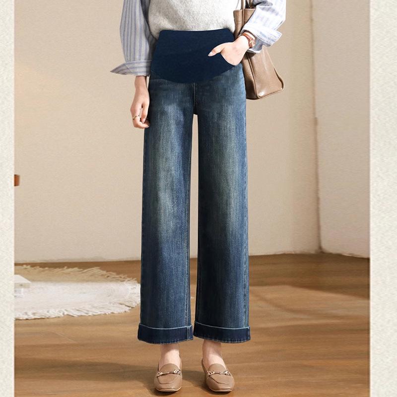 Premium Elastic Soft Denim Fleece-Lined Maternity Jeans with Tummy Support and Wide-Leg Design X-Large
