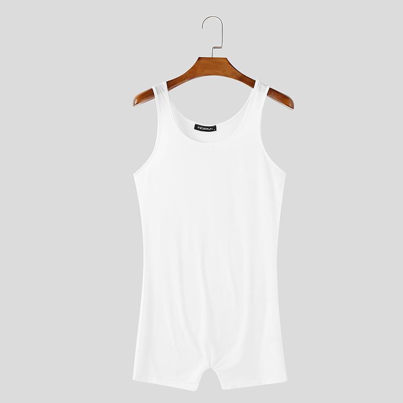 INCERUN Men Sleeveless Solid Color Thin Semi-Sheer Bodysuits Jumpsuits Short Rompers Underwear
