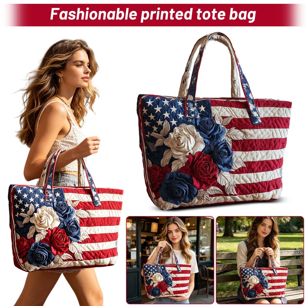 Quilted Tote Bag with American Flag Digital Print and Floral Appliqué Large Handbag with Double Handles for Everyday Use