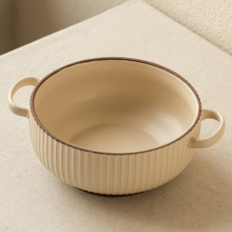 Practical Ceramic Binaural Bowl High-End Relief Large Soup Bowl Round Simple Noodle Bowl Vegetable Bowl Household Tableware