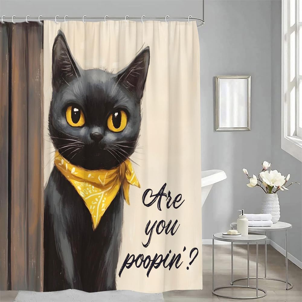 Shower Curtain Funny Black Cat Cute Animal Pet Modern Creative Bathroom Decor Curtains Set with Hooks, 70" W x 70" H