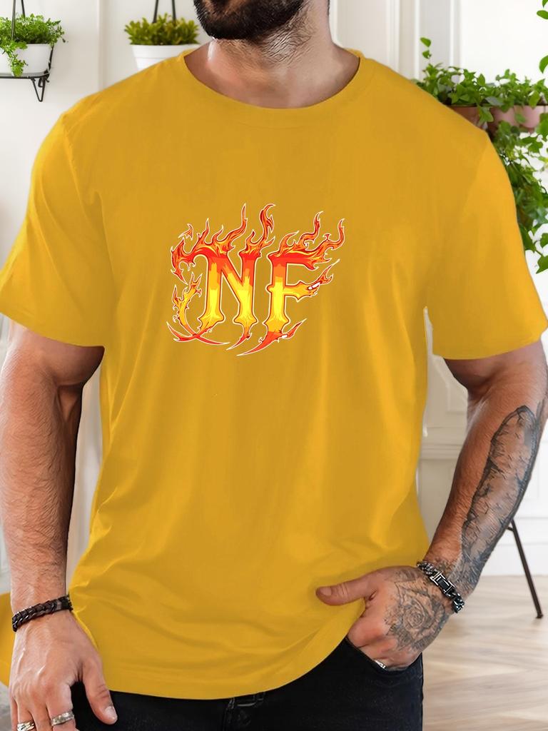 Unisex Black Crew Neck Tee Flame Style Nf Letter Graphic Hip Hop Streetwear Soft Cotton Male Casual Short Sleeve Daily Tops