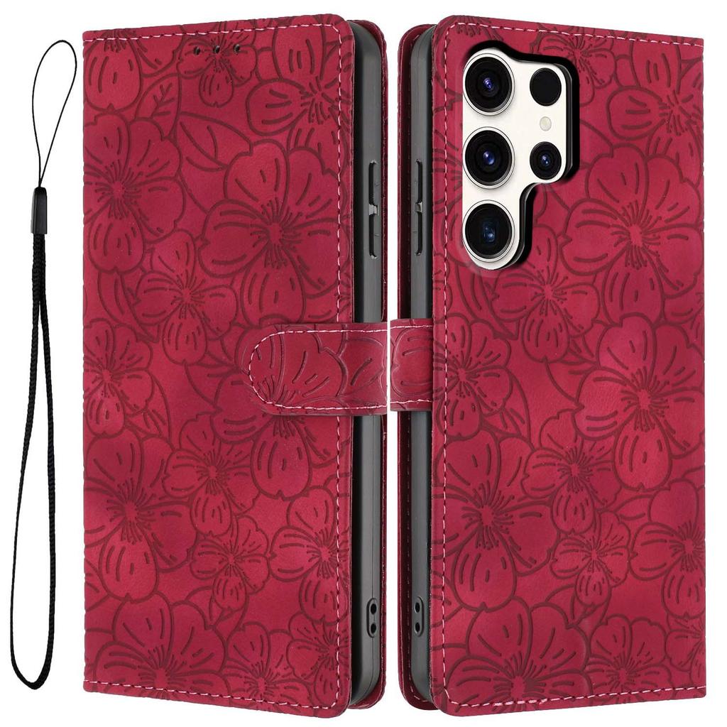 For Samsung Galaxy S25 Ultra Flip Case Cherry Blossom Pattern Leather Wallet Stand Phone Cover with Wrist Strap