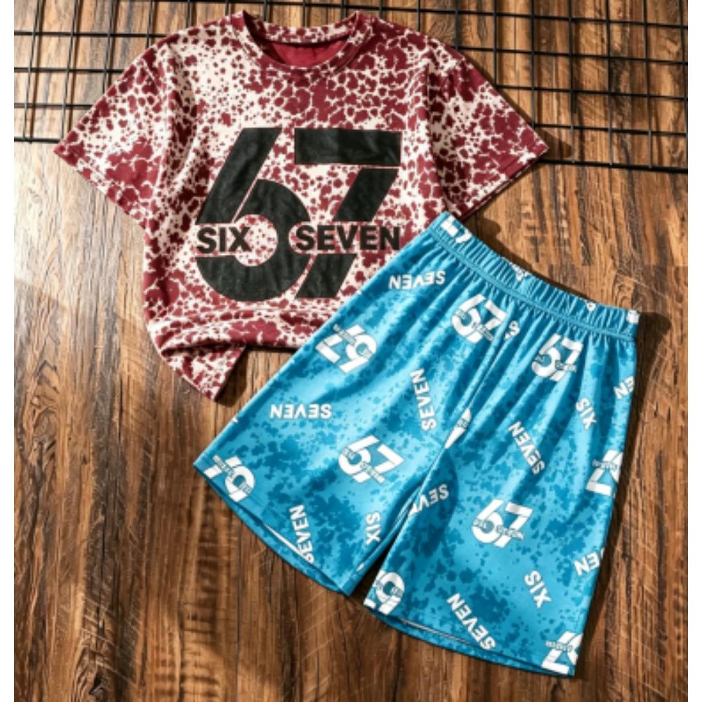 Fashion Letter 67 Number Printed Men's T-shirt and Shorts 2 Piece Set Summer Street Casual Outdoor Sports Men's and Women's T-shirt Sets