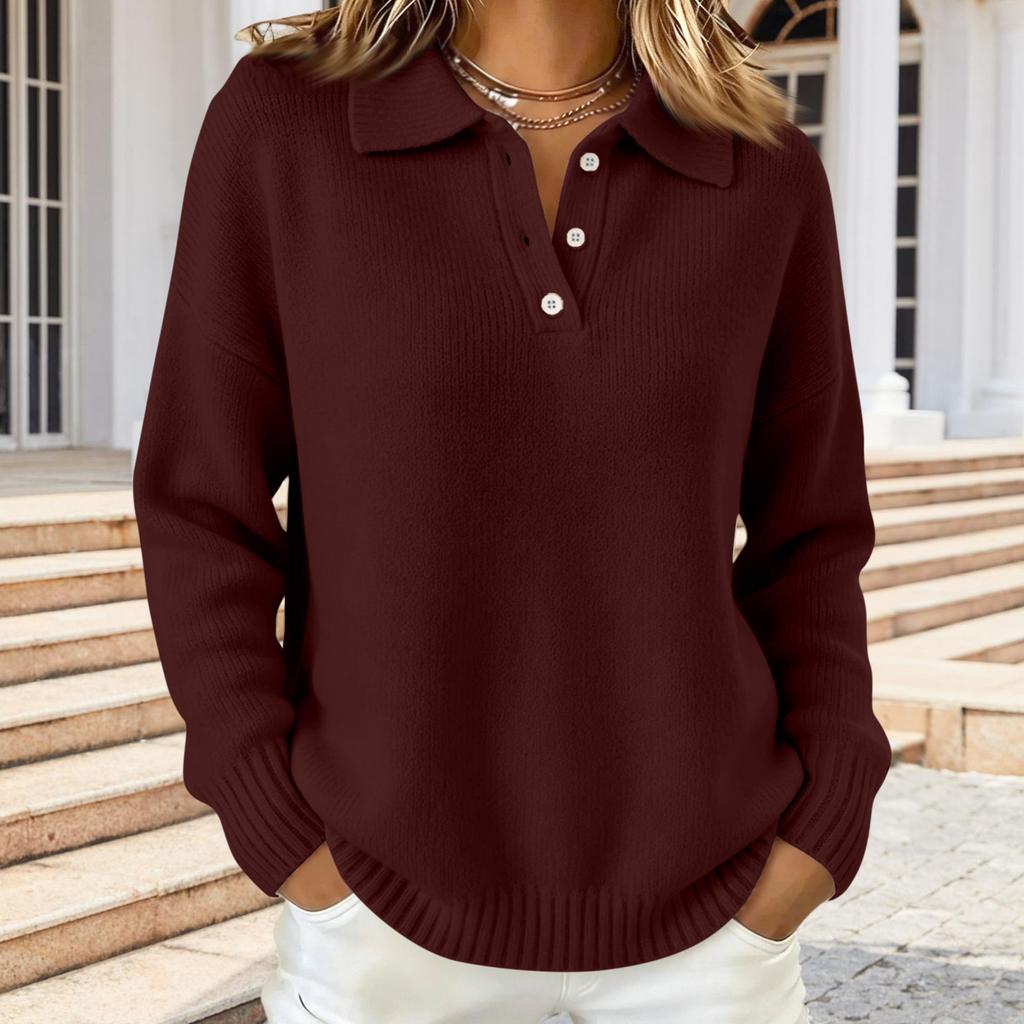 Women's Casual Loose Fit Polo Shirt Long Sleeve Knit Top Soft Texture Collar Button Placket Lightweight Pullover Sweater