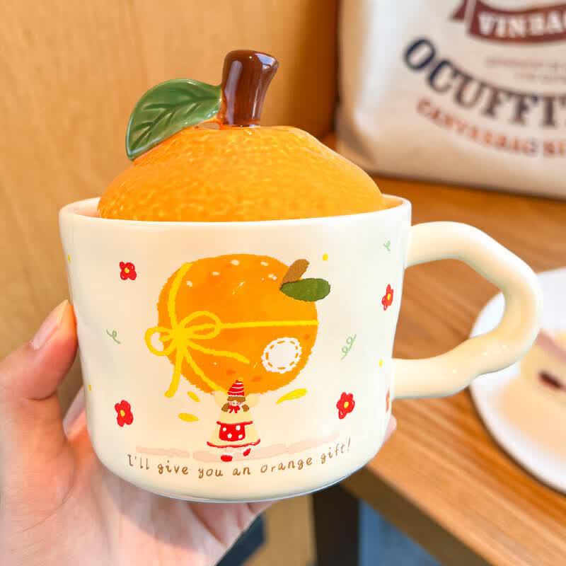 Cute Ceramic Orange Mug with Lid and Spoon