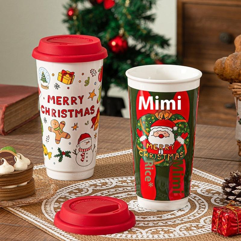 580ml Christmas Ceramic Mug Coffee Cup With Silicone Lid & Gift Box Latte Mug Here Comes Santa Claus Gifts Water Milk Juice Cup