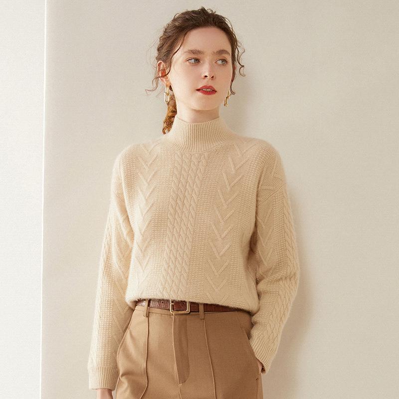 Women's Warm Thickened Cashmere Knit Sweater – Cable Design, Versatile & Skin-Friendly Long Sleeve Top