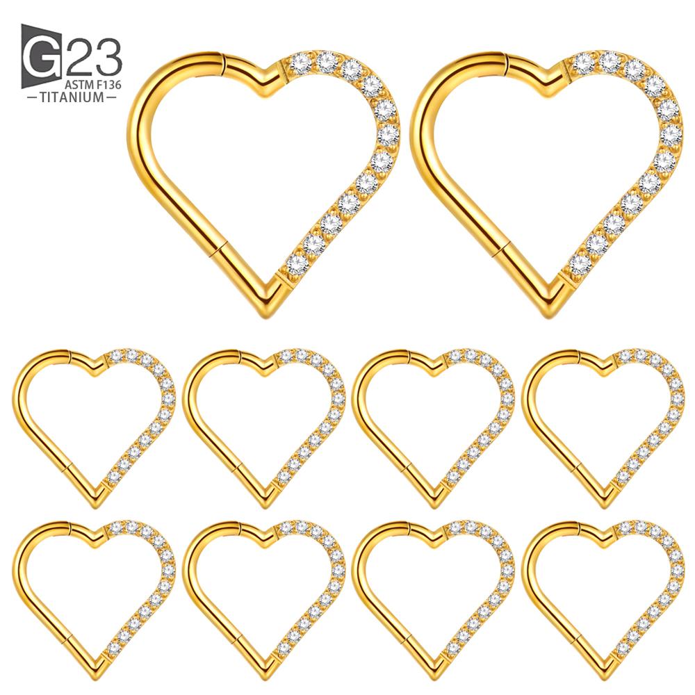10Pc ASTM F136 Titanium Daith Heart Earring Hoop Cartilage Tragus Helix Rings Hinged Segment Hoop with Clear CZ