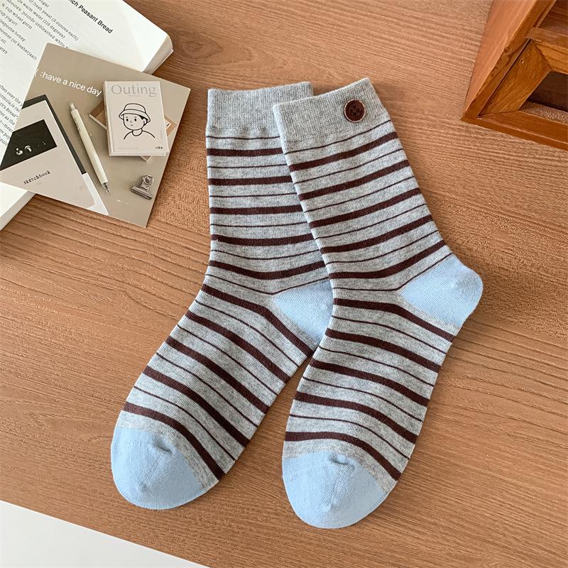 Ladies Spring and Autumn Retro Stripes Color Bump Buttons in The Tube Stack Socks