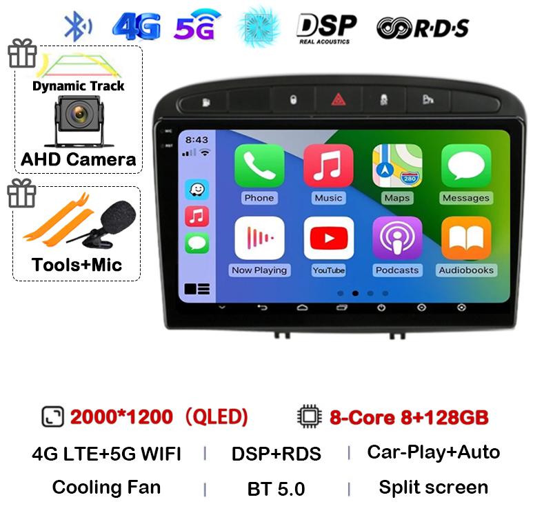 Android 14 Carplay Auto for Peugeot 308 308SW 2007-2015 408 2012-2020 Car Radio 2 DIN GPS Stereo Multimedia Player Head Unit DSP