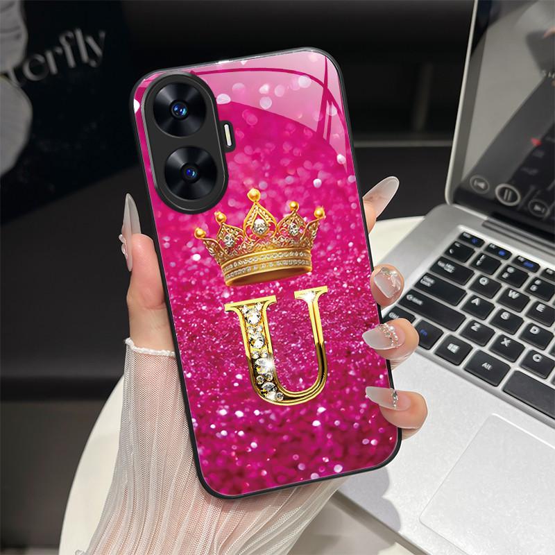 For Realme C55 4G Case Fashion Letters Hard Tempered Glass Back Covers For Realme Narzo N55 NarzoN55 C55 RMX3710 Phone Shell
