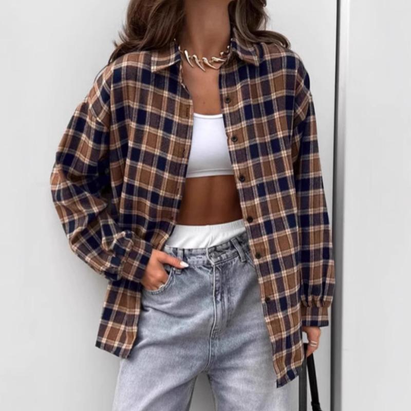 Women S Vintage Plaid Long Sleeve Loose Cardigan Shirt Summer Casual