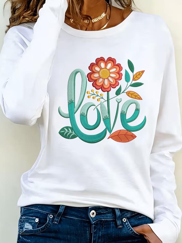 (Asian Size) flower style Clothing Casual  Tee Lady Printed o-neck Long Sleeve T Shirt Women Female Fashion Top Graphic T-shirts