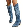 Damen Denim Retro Lange runde Zehen Dicker Absatz Western Cowboy Britischer Stil Kniehohe Ritter Ethnische 2024 Schuhe für Damen