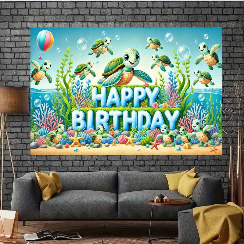Un pezzo piatto 2D di una tartaruga di buon compleanno a tema oceano, sfondo in poliestere adatto per feste e decorazioni esterne