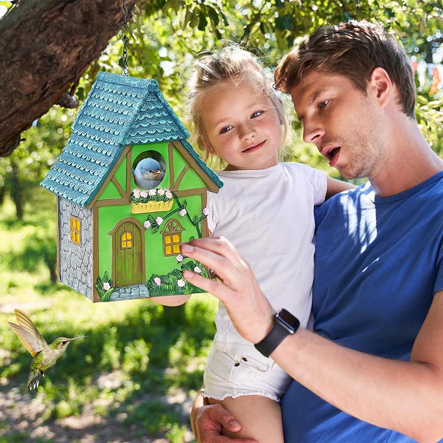 Resin Birdhouse for Outdoors - Hanging Garden Decoration Cabin, Perfect Gift for Bird Lovers & Small Birds