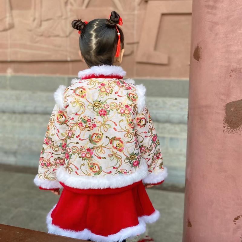 Winter-Hanfu für Mädchen: Samtgefütterter Tang-Anzug für Geburtstage & Neujahrsfeiern, Formelle Kleidung zum ersten Geburtstag, Chinesischer Stil.