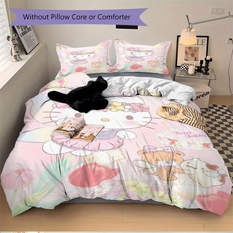 3pcs Happy Birthday Hello Kitty Bedding Set - 1 Soft Quilt Cover + 2 Pillowcases, Machine Washable - Suitable for All Seasons, Perfect Gift