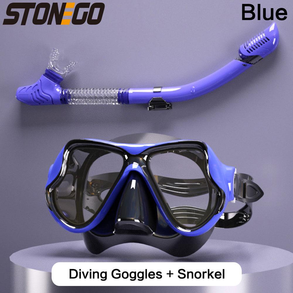 Snorkelling Gear Set Diving Mask Snorkel Set with Large Frame Silicone Skirt Anti Fog Tempered Glass Lens Full Dry Top Snorkel with Splash Guard