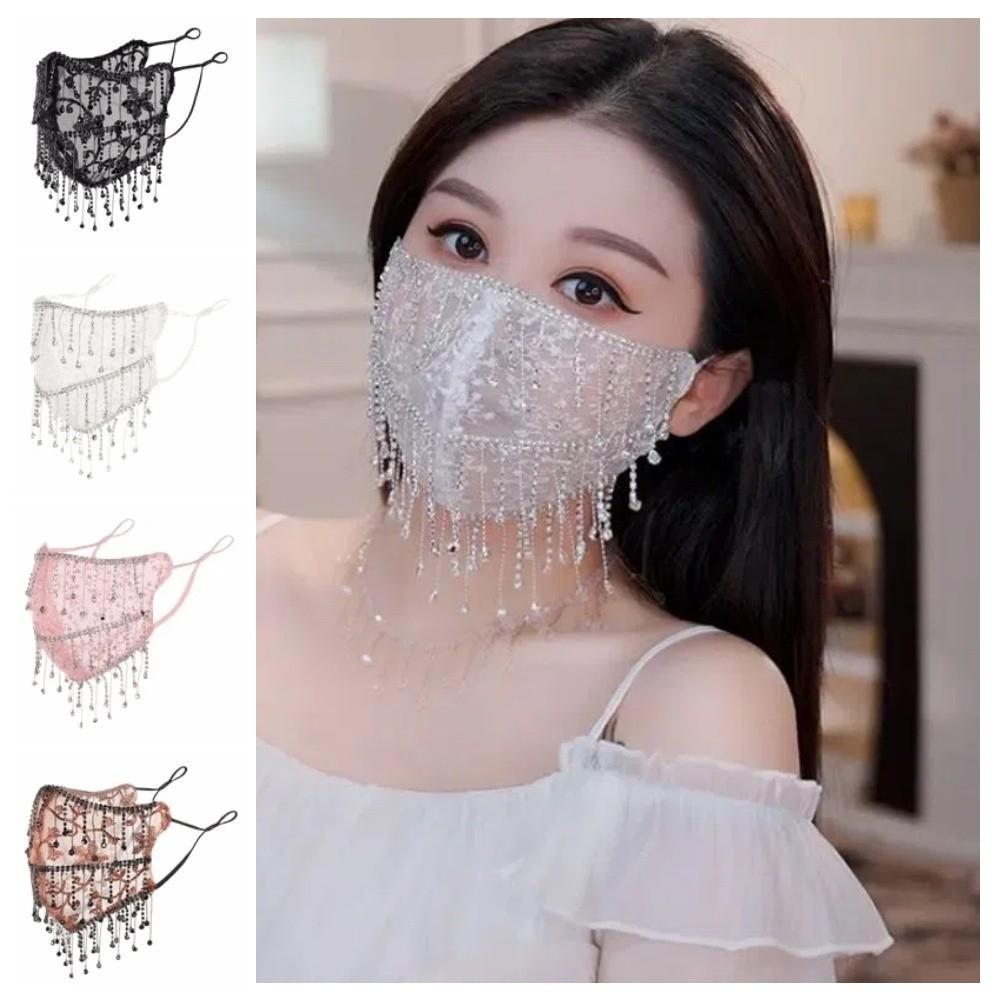 Strass Damen Schleier Maske Atmungsaktives Netz Quastenmaske Elegante Cosplay Maske Kostümzubehör