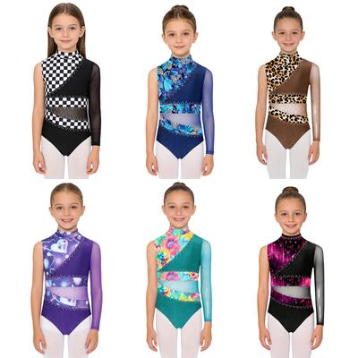 Girls Sparkly Rhinestones Gymnastic Leotard Asymmetric Sleeve Back Hole Buttons Crotch Dance Bodysuit