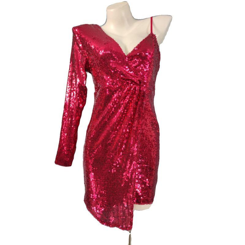 European and American Single Fashion Classic Women's Clothing Elegant Sequined Suspender Shiny Deep V Shoulder Long Sleeves Cross Irregular Skirt