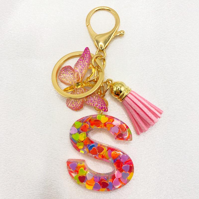 26-Letter Alphabet Resin Keychain with Star Sequins & Tassel Charm
