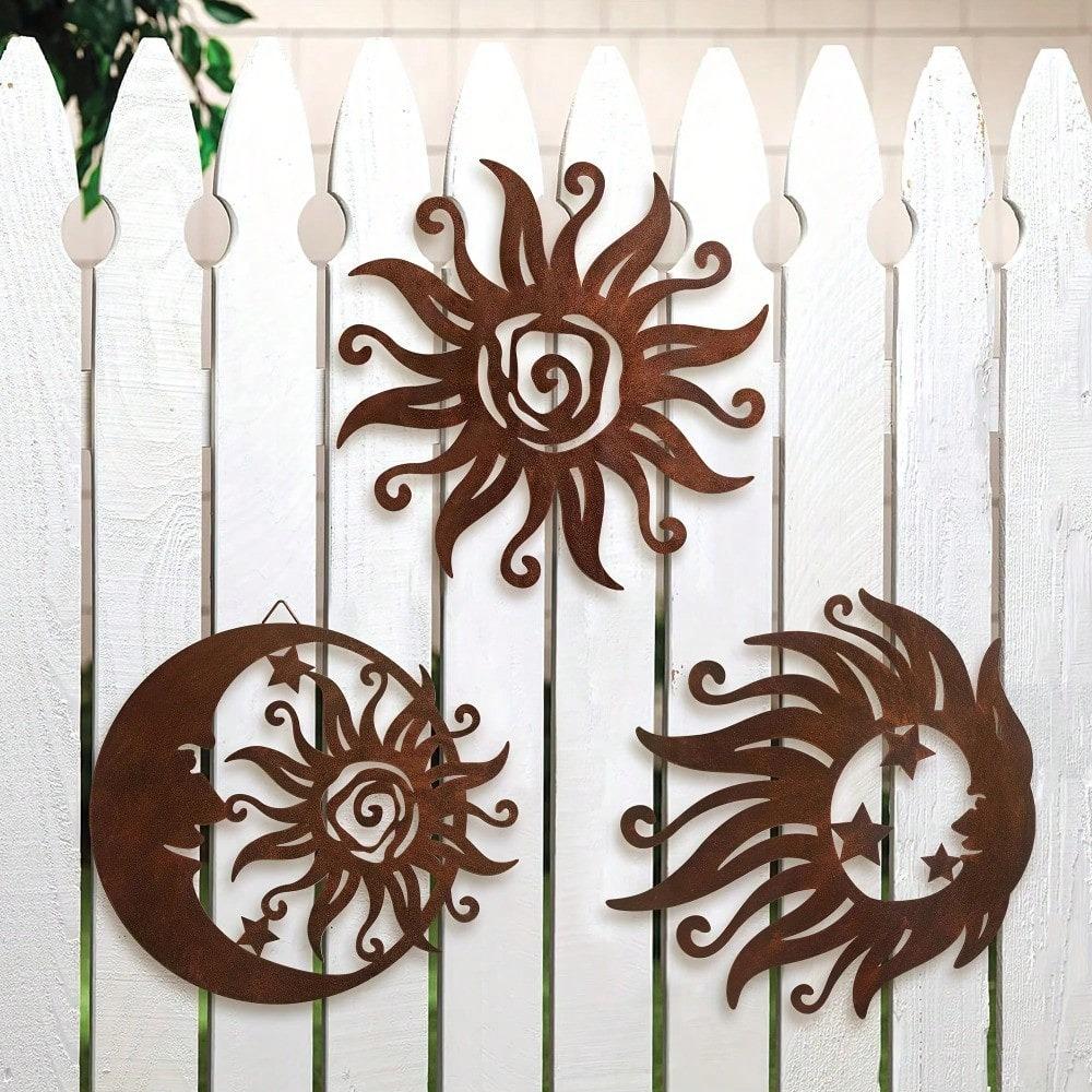 Wrought Iron Sun Wall Art 3 Pieces, Silhouette Sunburst Sculpture, Metal Hanging Decor for Living Room Bedroom