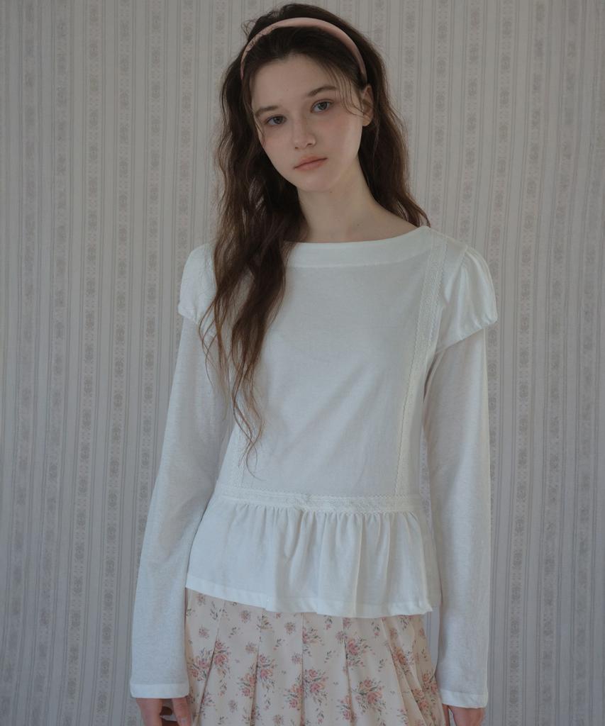 Aueonoseuteljia Lace Double Layered Shirring T-Shirt_White(O26Tp02)