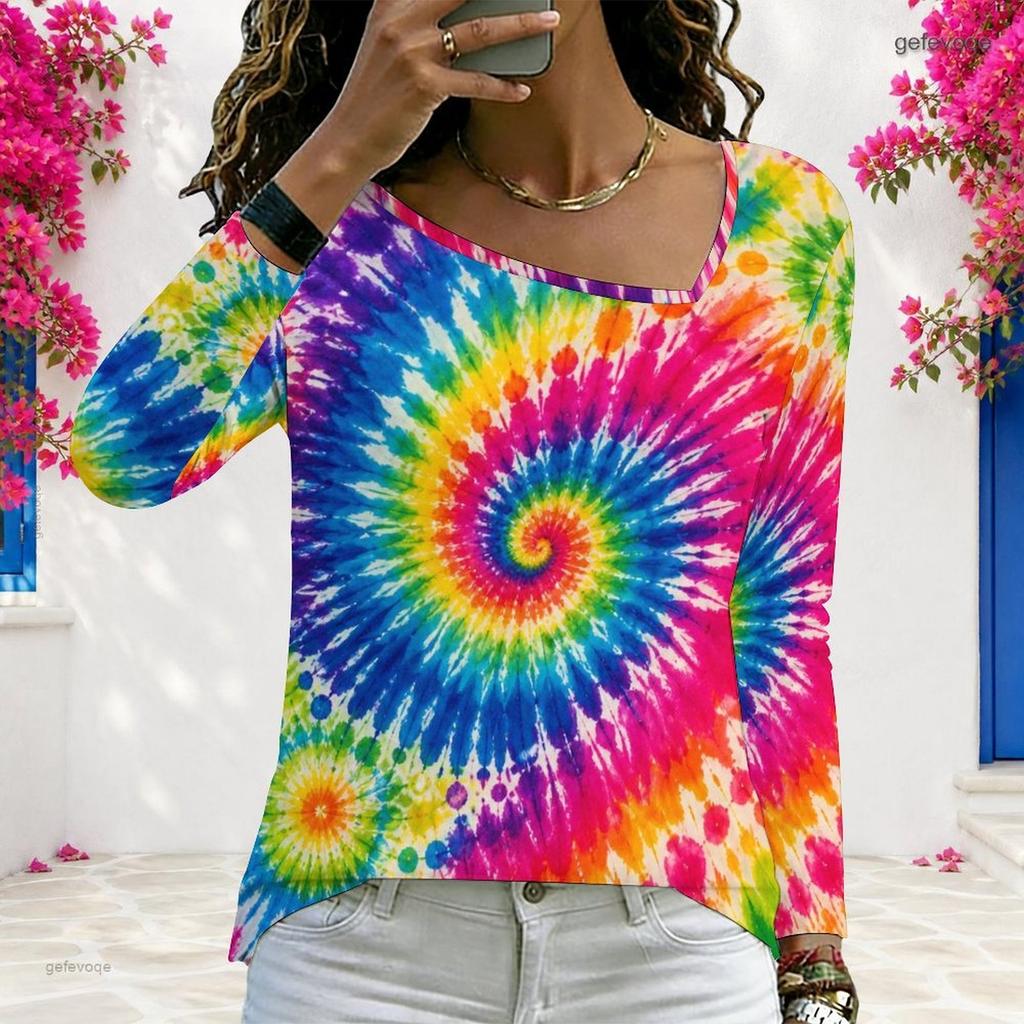 Women Plus Size Long Sleeve V Neck Colorful Abstract Printed Casual T Shirt