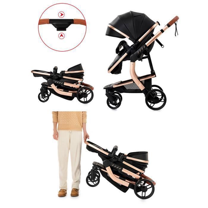 3-in-1 Baby Stroller Combined Car Seat Bassinet Trio Reversible PU Leather Puncture-proof Wheels Black Handle