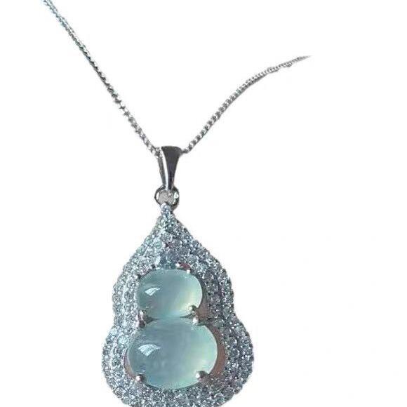 Silver Inlaid Gourd-Shaped White Ice Jade Pendant Necklace for Women