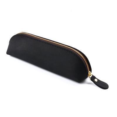 Crazy Horse Leather Zipper Pencil Case Handmade Genuine Leather Retro Pen Organizer Bag чёрный