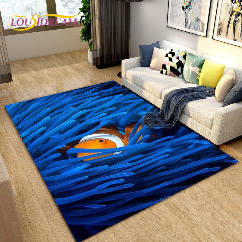 3D Underwater World Sea Turtle Dolphin Area Rug Large,Carpet Rug for Living Room Bedroom Sofa Doormat Kitchen,Non-slip Floor Mat