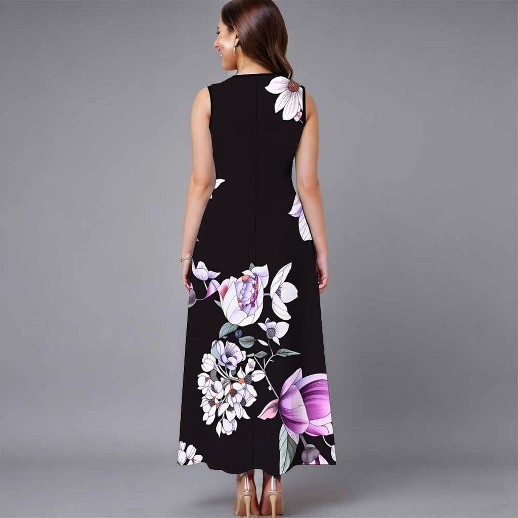 Oversized Female Sleeveless Round Neck Dress Fresh Tiny Floral Printed Loose Mid Length Outfit