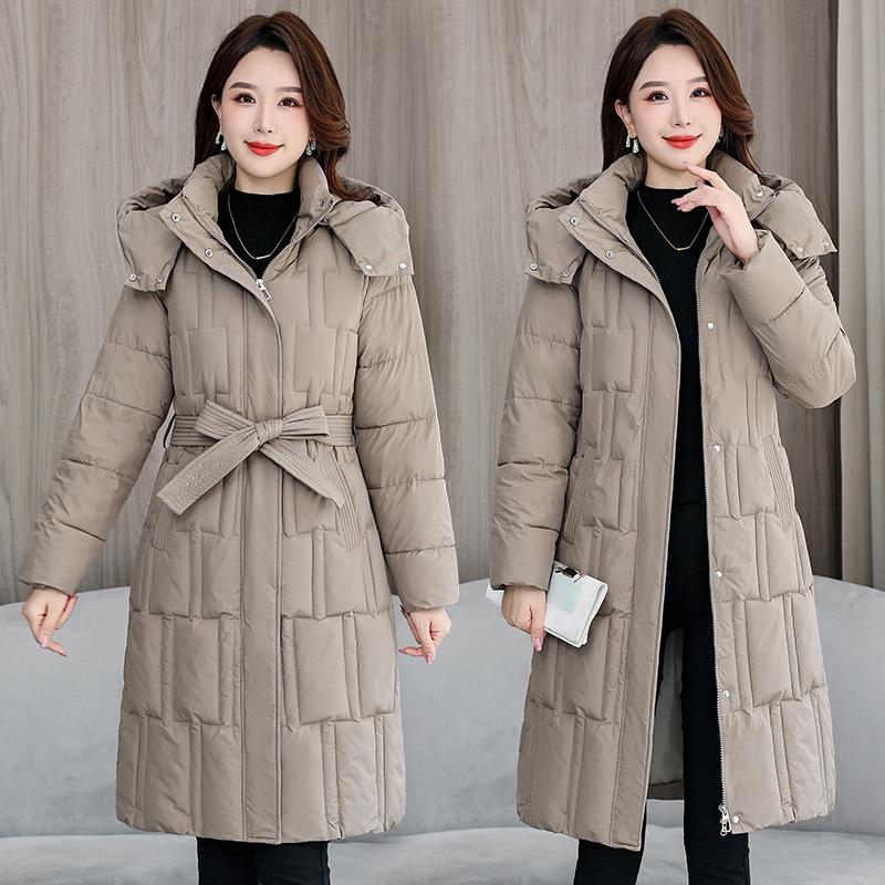 Down cotton jacket women's 2025 winter new Korean cotton jacket waist-cinched mid-length thickened slimming hooded jacket