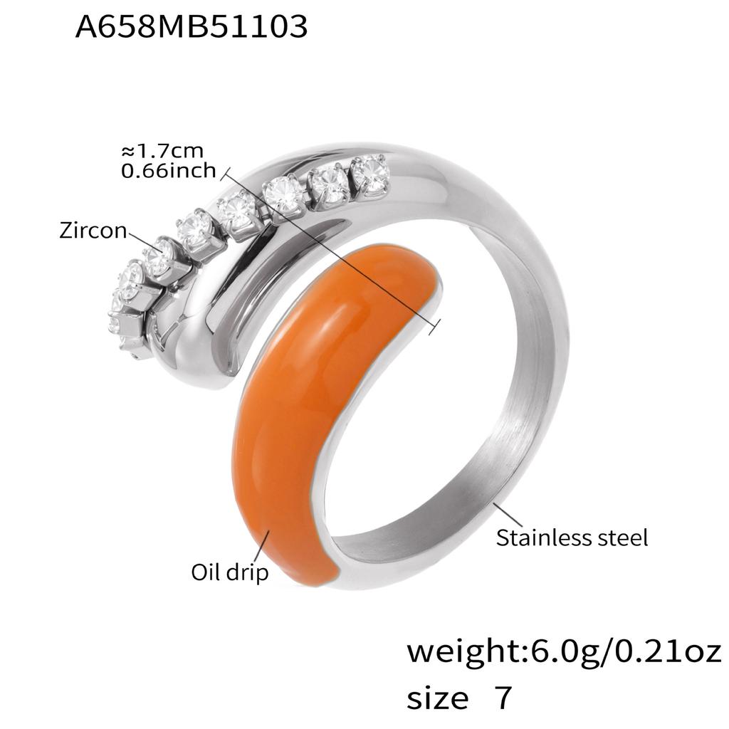 Black Orange Enamel Open Ring In Stainless Steel 18k Gold Plated Chunky Drop Rings With Shiny Zircon for Women