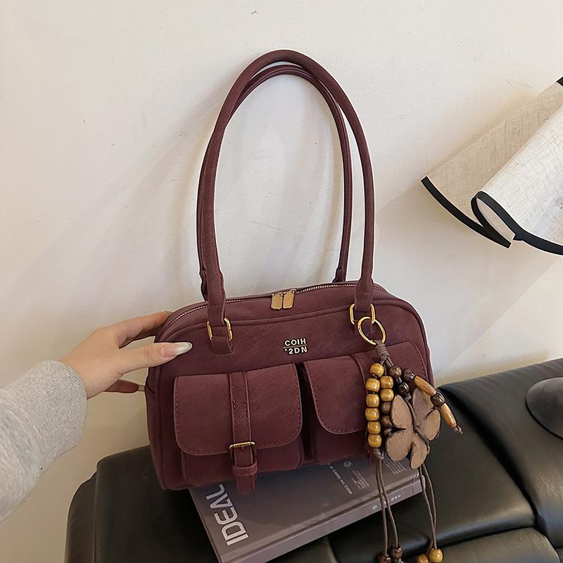 Womens Retro Solid Color Suede Leather Shoulder Bag with Multiple Pockets Large Capacity Comes with A Detachable Accessory Charm