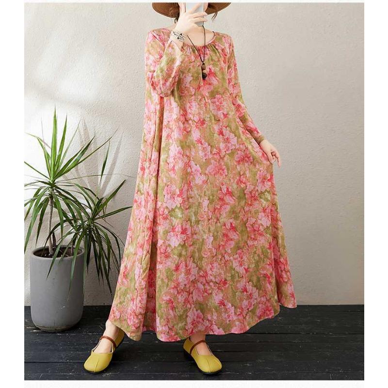 New Round Neck Minimalist Long Sleeve Extra Long Dress Vacation Style