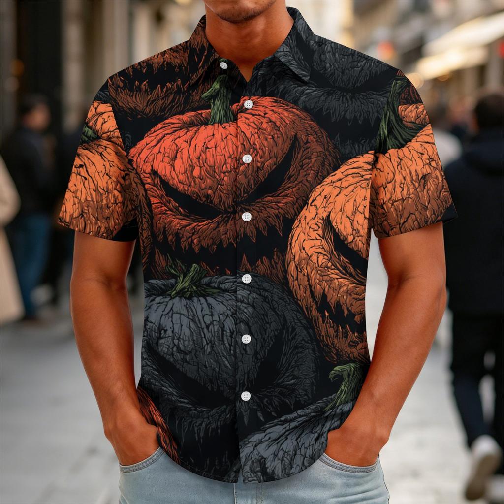 Men's Halloween Print Vintage Button Down Cardigan Shirt - Loose Fit Breathable Summer Casual Streetwear Top