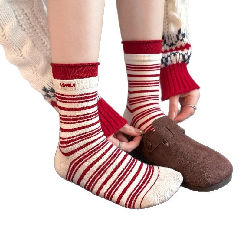 Retro Year Of The Horse Red Striped Medium Tube Socks Women'S Autumn And Winter Warm Lace Stacking Socks Birthday New Year Socks