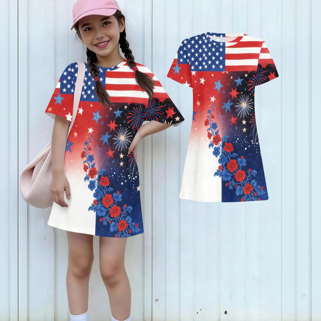 Girls Independence Day Print Casual Dress Kids Loose Round Neck Short Sleeve Thin Sundress