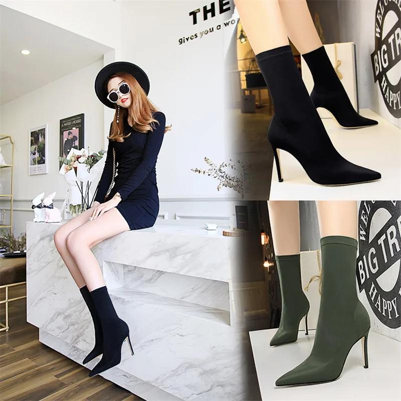 Men Women Spring Autumn Boots Comfortable PointedToe Fashion Simple Ankle Pointed Toe Stretch Elegant Stiletto Socks Thin High Heels Shoes