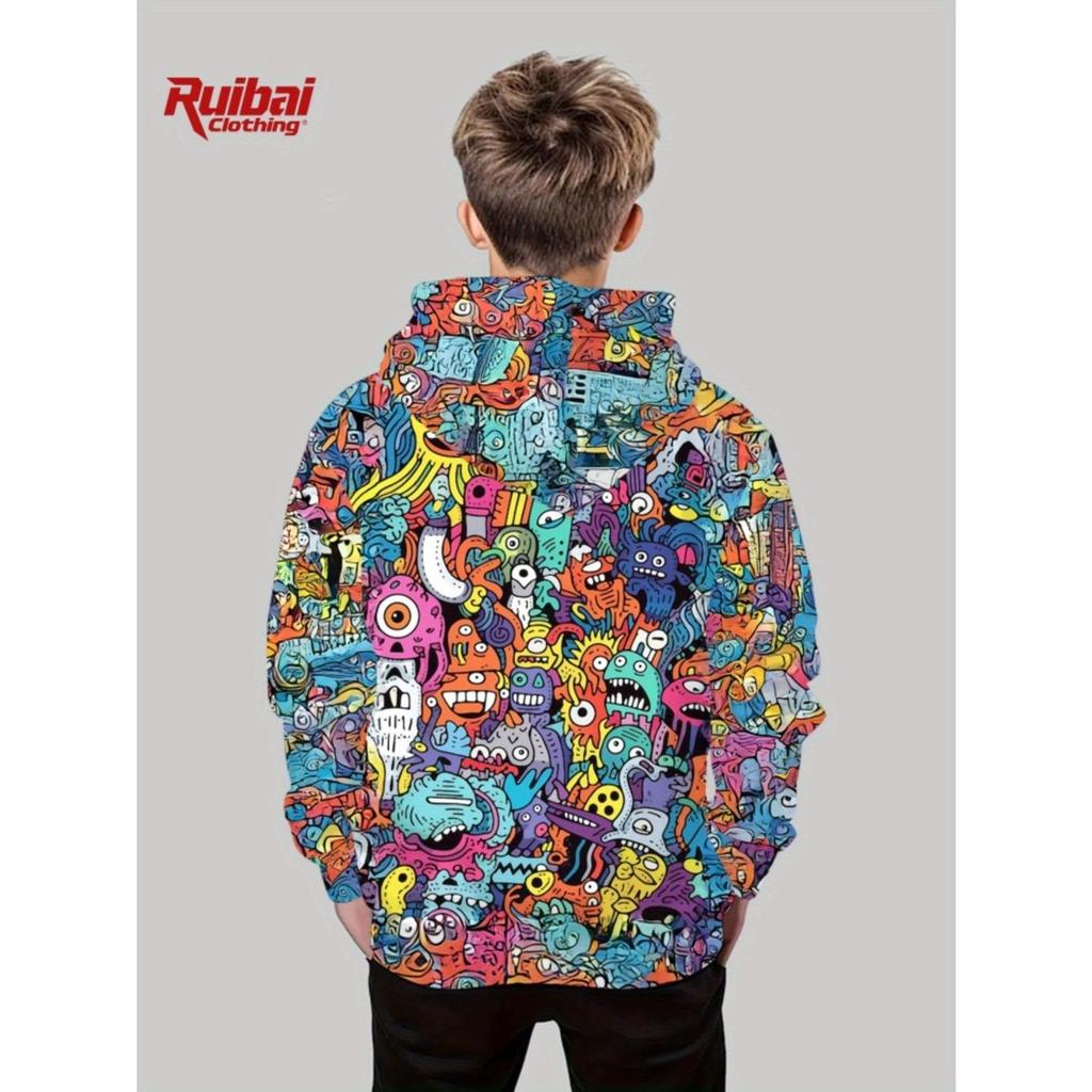 Children's Clothing, Boys' Creative 3D Printed Hooded Sweatshirt, Boys' Casual Sports Long Sleeved Hooded Top