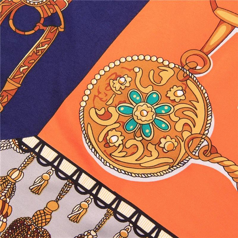 Manual Hand Rolled Twill Silk Scarf Women Tassel Chain Print Square Scarves Wraps Echarpe Curled Foulards Femme Bandana Hijabs