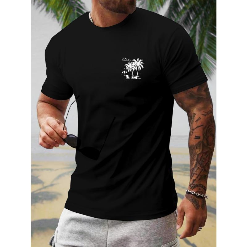 European sizes Men's Trendy Coconut Tree Print Regular Fit T-Shirt, Elastane, Round Neck, Machine Washable - Summer Collection