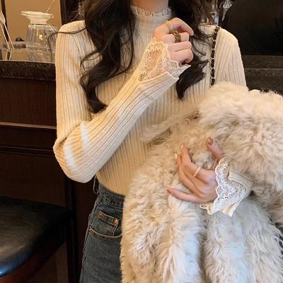 French White Knitted Sweater with Lace Patchwork Women's Autumn and Winter Semi High Neck Sweater Base Sweater Top